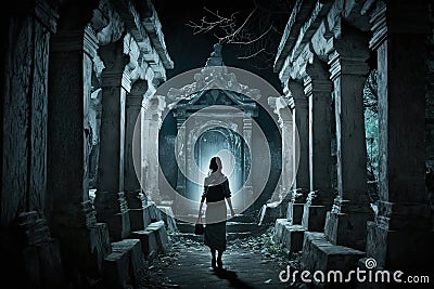 Mysterious dark corridor with silhouette of woman going to ancient temple Stock Photo