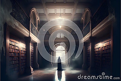 Mysterious dark library interior with fog and light. 3D Rendering Stock Photo