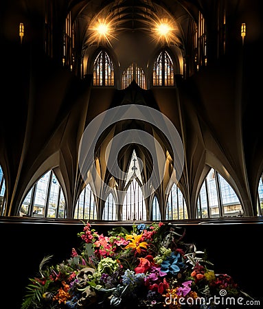 Gothic catholic church solemn interior decorated with flowers Cartoon Illustration