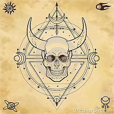 Mysterious drawing: horned skull, sacred geometry, space symbols. Vector Illustration