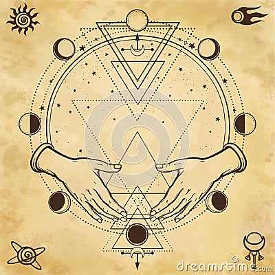 Mysterious drawing: human hands hold a magic circle, sacred geometry. Space symbols. Vector Illustration