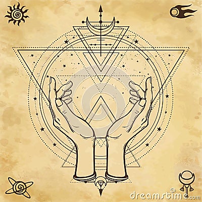 Mysterious drawing: human hands hold a magic circle, sacred geometry. Space symbols. Vector Illustration