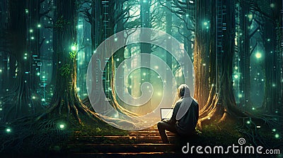 Mysterious environmental hacktivist with laptop sits amidst forest and writing code Stock Photo