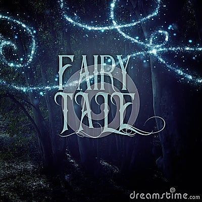 mysterious fairy tale background of dark and haunted forest and magical lights with text. Stock Photo