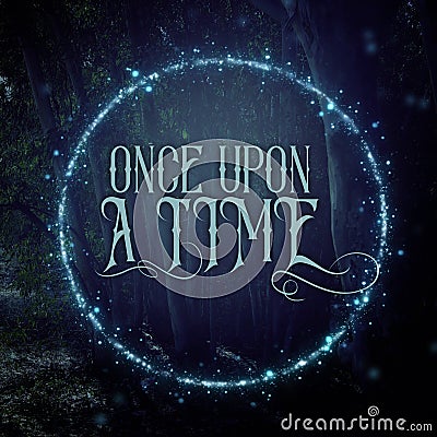 mysterious fairy tale background of dark and haunted forest and magical lights with text. Stock Photo