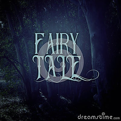 mysterious fairy tale background of dark and haunted forest with text. Stock Photo