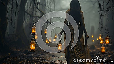 Mysterious female ghost figure walking amongst Spanish moss, forest and candlelit lanterns on Halloween night - generative AI Stock Photo