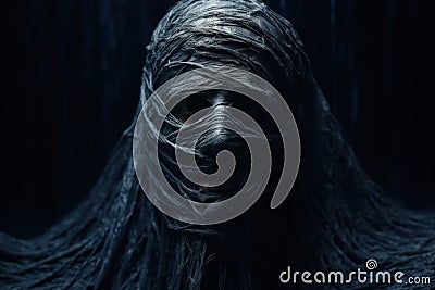 Mysterious figure in dark textured wrap of threads. Generative AI Stock Photo