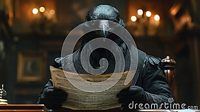 Mysterious figure in raven costume reading a scroll by candlelight in an old library setting. Generative AI Stock Photo