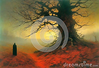 Mysterious Figure, Sinister Tree Stock Photo