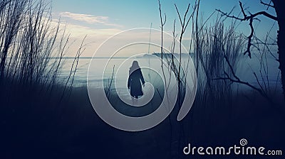 Mysterious Figure Walking In Fog: Dark Navy And Cyan Seascape Stock Photo