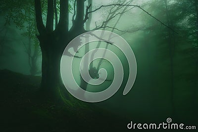 Mysterious foggy forest with beautiful shunshine Stock Photo