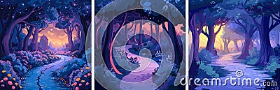 Mysterious forest cartoon vector scene. Thicket path bushes trees trail haze route magic fog mystical color concepts Vector Illustration