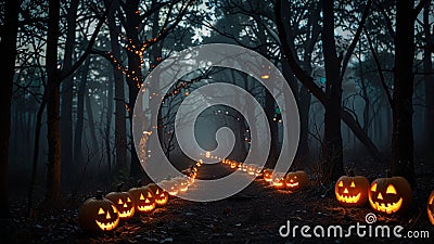 A mysterious forest at dusk, with towering trees and glowing jack-o'-lanterns lighting a narrow path. Bats flutter overhead, Stock Photo