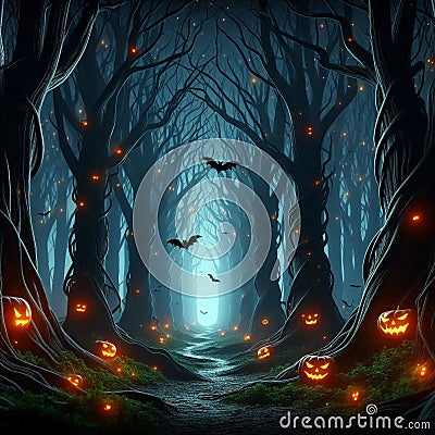 A mysterious forest at dusk, with towering trees and glowing jack-o'-lanterns lighting a narrow path. Bats flutter overhead Stock Photo