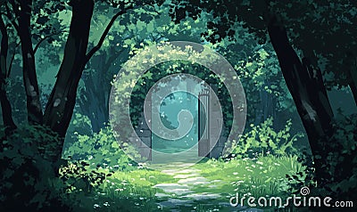Mysterious forest gate surrounded by lush greenery, stone archway, soft light filtering through trees, tranquil Stock Photo