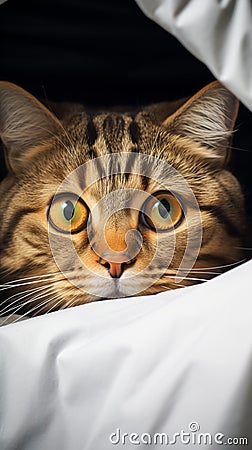 Mysterious gaze Fold eared cats half muzzle peeks from behind a cabinet Stock Photo