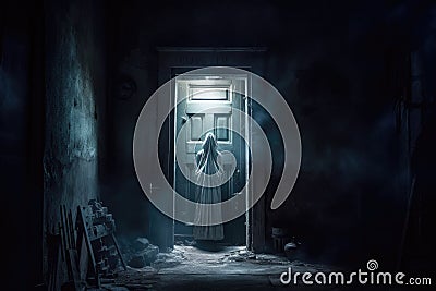 mysterious ghostly figure standing in a moonlit doorway Stock Photo