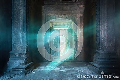 mysterious ghostly light emanating from ancient doorway Stock Photo