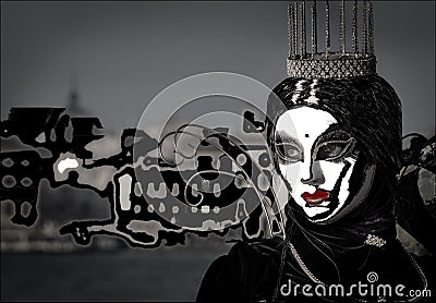 Mysterious glamour princess with white mask, crown and red lipstick with artistic background, devil and angel concept Stock Photo