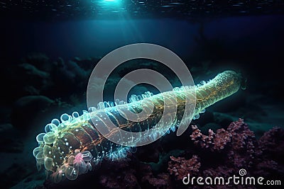 mysterious glowing sea cucumber on ocean floor Stock Photo