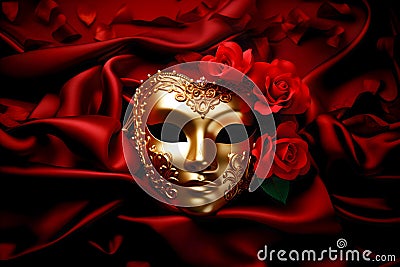 Mysterious golden Venetian mask and red roses flowers on red silk background Stock Photo