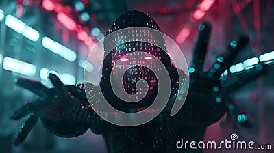 Mysterious hacker with glowing binary face in dark futuristic setting symbolizes cybercrime themes Stock Photo
