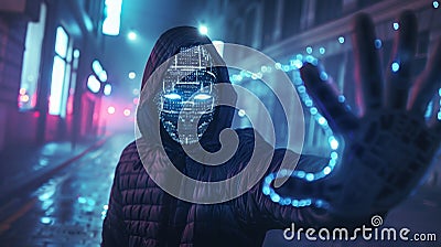 Mysterious hacker with glowing binary face in dark futuristic setting symbolizes cybercrime themes Stock Photo