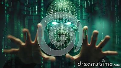 A mysterious hacker with a glowing binary face in a dark tech environment symbolizing cybercrime Stock Photo
