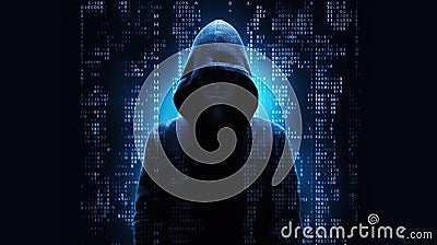 Mysterious Hacker Hoodie Binary Code Backdrop Online Security Breach Concept Generative AI Stock Photo