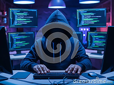 Mysterious Hacker Working in a Dimly Lit Room with Multiple Monitors Stock Photo