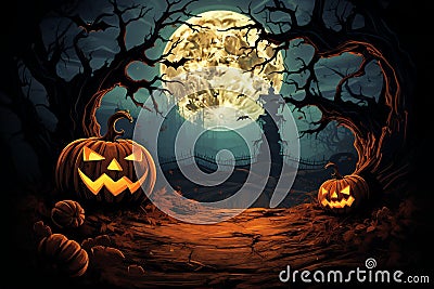 Mysterious Halloween Background with Moonlight, Pumpkins, and Ghostly Shadows, Eerie Night Scene with Haunted House, generative AI Stock Photo