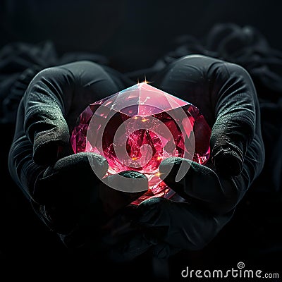 Mysterious hands holding a vibrant gemstone in the dark. precious ruby reflecting light. conceptual and elegant image of Stock Photo