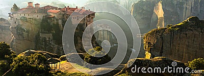 Mysterious hanging over rocks monasteries of Meteora, Greece Stock Photo