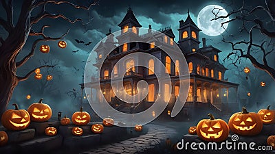 A Haunted Mansion Illuminated by Glowing Jack-o'-Lanterns Stock Photo