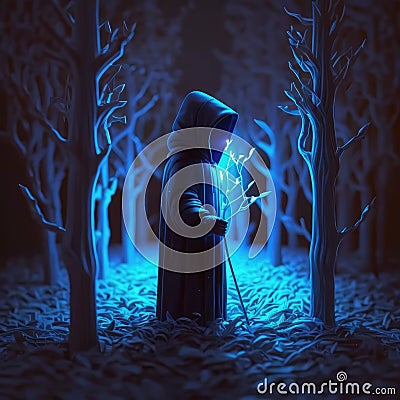 mysterious hooded figure in a lonely forest, with a glowing staff in one hand digital character avatar AI generation Stock Photo