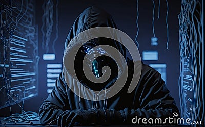 A mysterious hooded hacker wearing a black mask, illuminated by the glow of multiple computer screens Stock Photo
