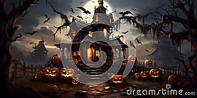 A mysterious house with pumpkins in the night - Halloween illustration theme Cartoon Illustration