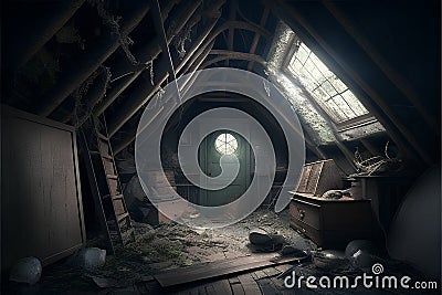 Mysterious and mysterious interior of an old attic. 3D rendering Stock Photo