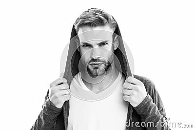 Mysterious look. Casual and comfortable. Male fashion. Fashionable model man. Fashion trend. Street style outfit Stock Photo