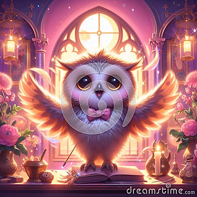 A mysterious and lovely owl in a magical school with fresh flowers, smile, dream magical world, cartoon, disney, fantasy art Stock Photo