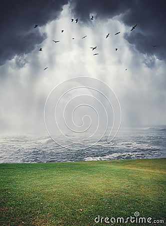 Mysterious magic landscape with meadow, sea, clouds and moon Stock Photo