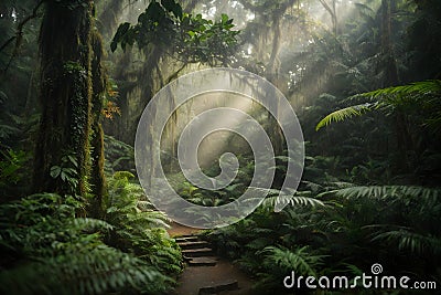 Mysterious Magical Dark rain forest with sun light shine through canopy Stock Photo