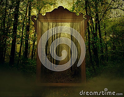 Mysterious magical mirror in a wood Cartoon Illustration