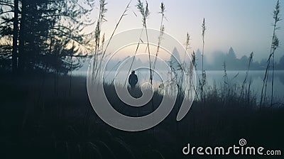 Mysterious Man In Foggy Field By Lake - Tonalist Photography Stock Photo