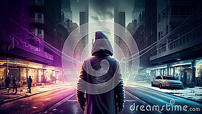 Mysterious man in hooded sweatshirt against night city background Stock Photo