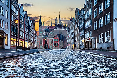 Mysterious medieval street in Gdansk, Poland, twilight view, no people Stock Photo