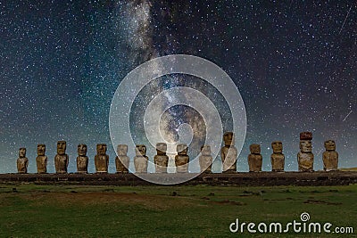 Mysterious Moai Statues under the Milky Way Galaxy on Easter Island Stock Photo