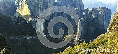 Mysterious monasteries of Meteora hanging over rocks , central Greece Stock Photo