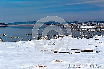 Mono Lake tufa rock, Winter Stock Photo